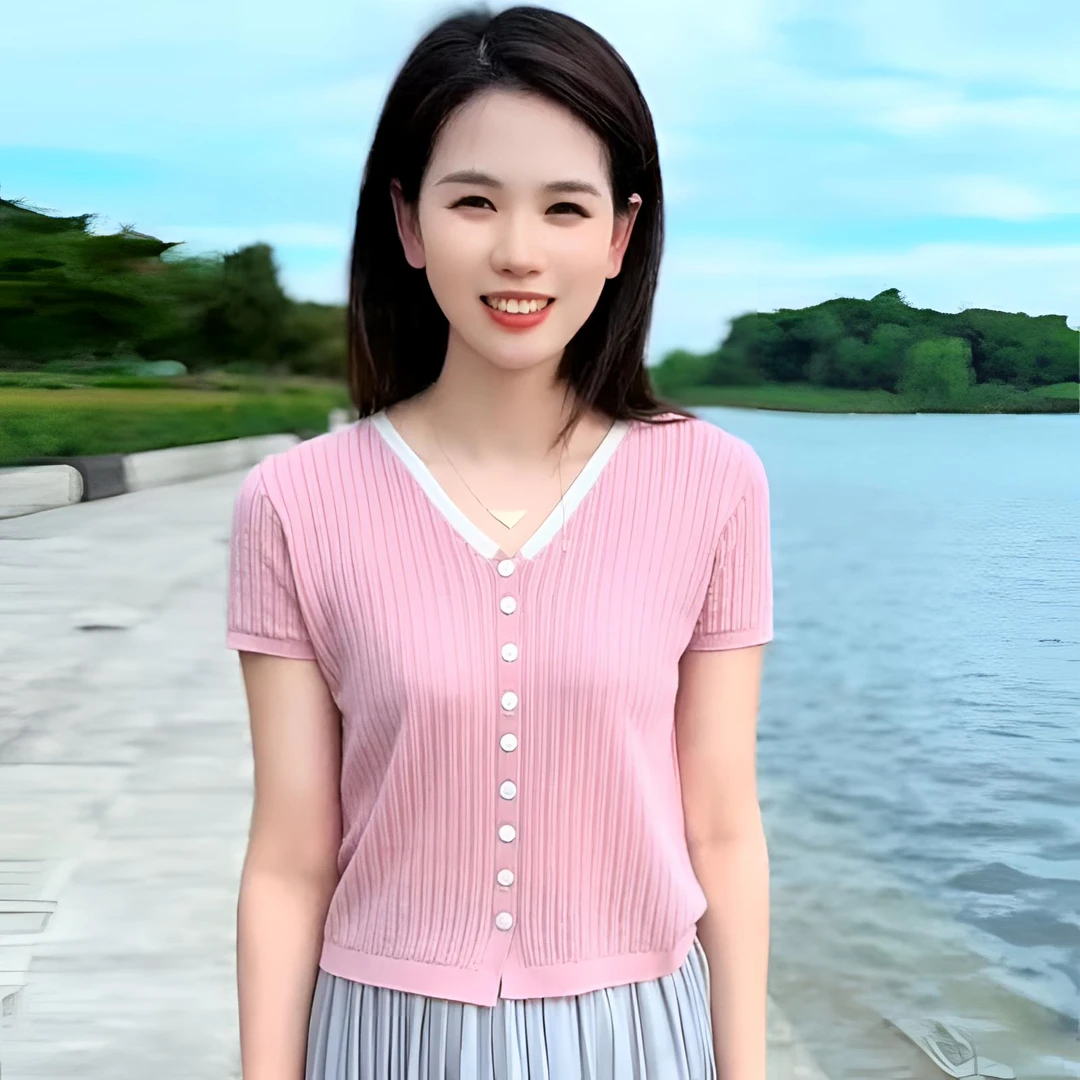 夏季薄款V领针织衫女开衫短袖宽松显瘦气质短款上衣高级感T恤洋气