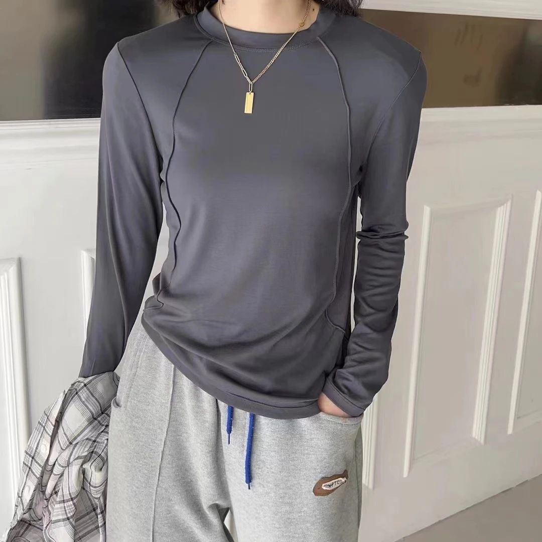 春夏新款女士纯色高弹内搭T恤打底长袖白色显瘦休闲百搭圆领网红