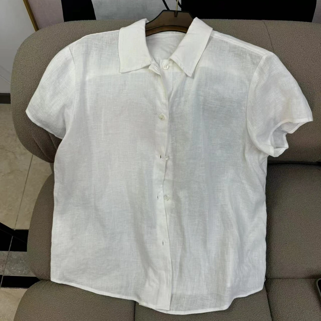 休闲轻薄透气纯色亚麻短袖衬衫女- D23