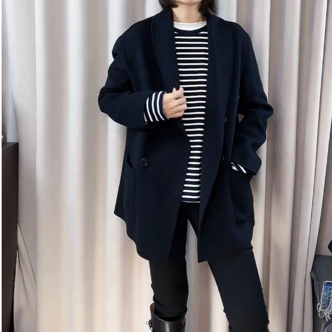 定制面料 青果领双排扣秋冬款黑色气质西装大衣女外套后开叉N1