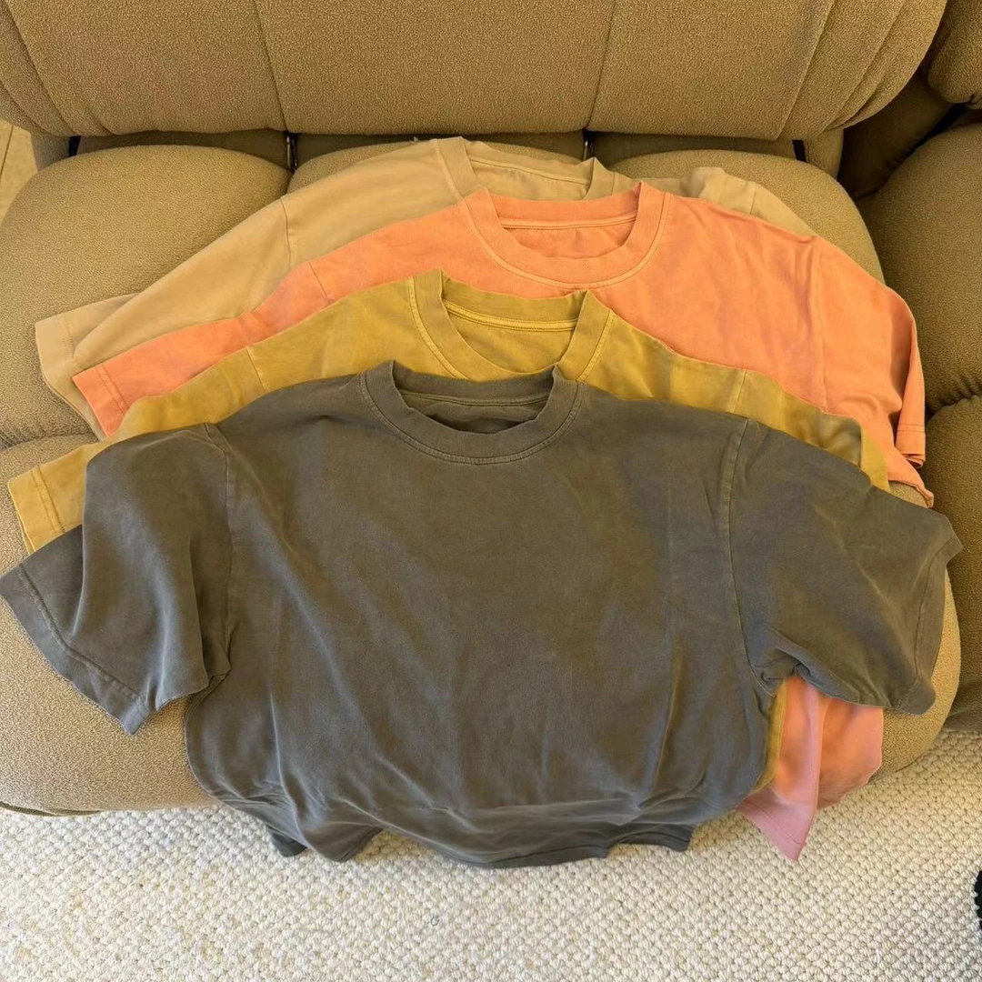 圆领复古做旧水洗短袖T恤女L02