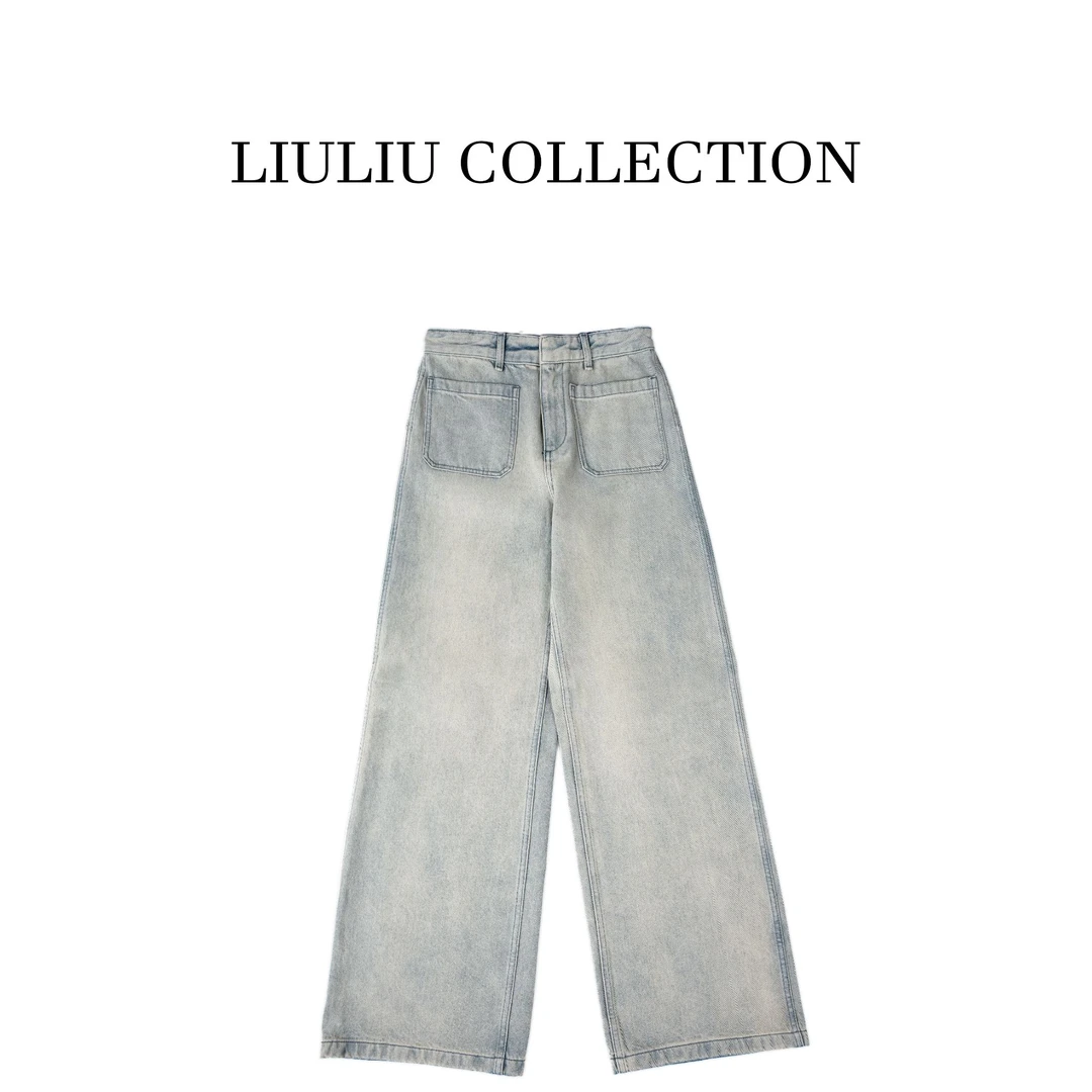 土耳其进口面料 高腰阔腿牛仔裤 (做旧处理）阔腿裤C56