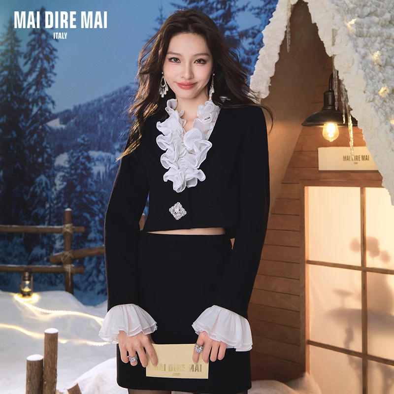 MaiDireMai优雅花边羊长袖名媛外套高腰半裙女秋冬时尚套装气质