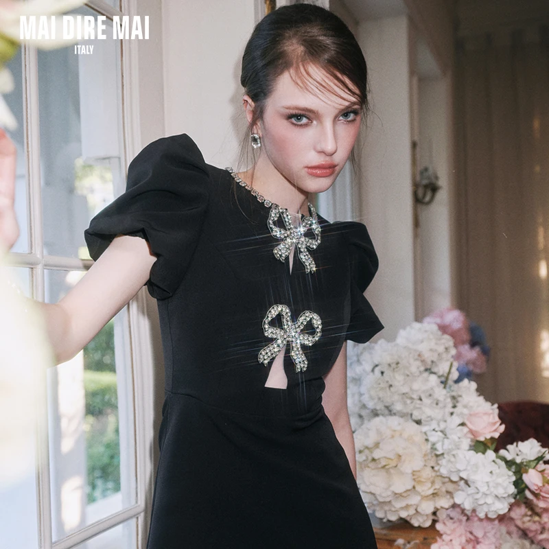 MAI DIRE MAI优雅蝴蝶结闪钻泡泡袖连衣裙女春夏高腰气质减龄显瘦