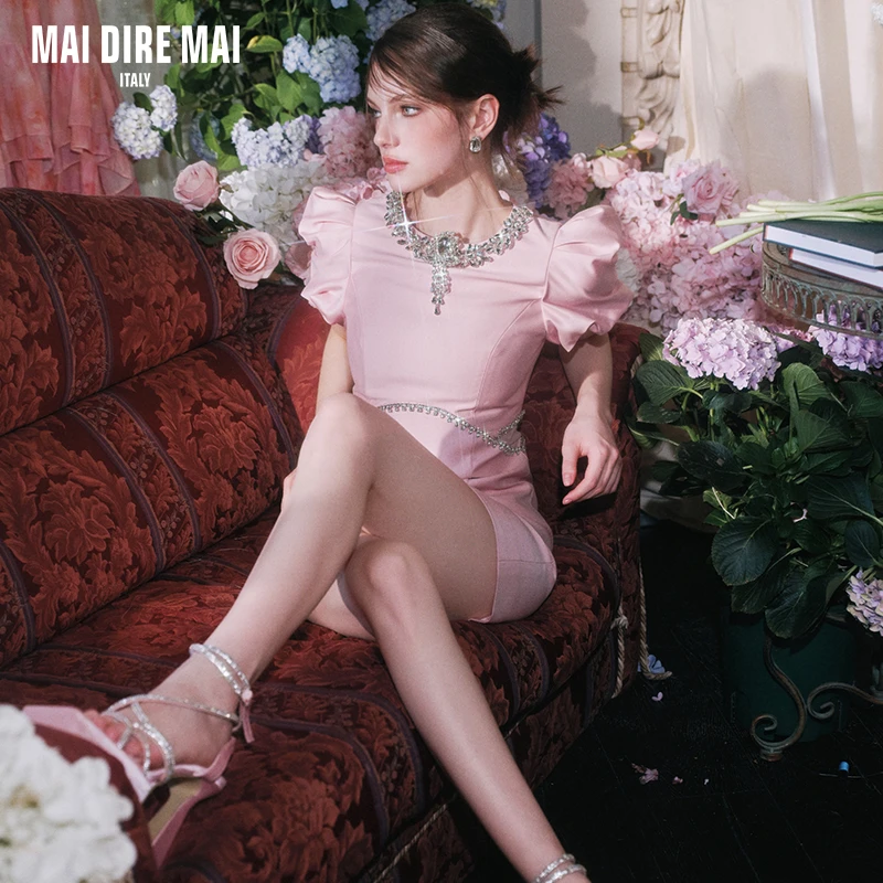 【马萱同款】MAI DIRE MAI闪钻高腰泡泡袖樱花粉连衣裙女气质优雅
