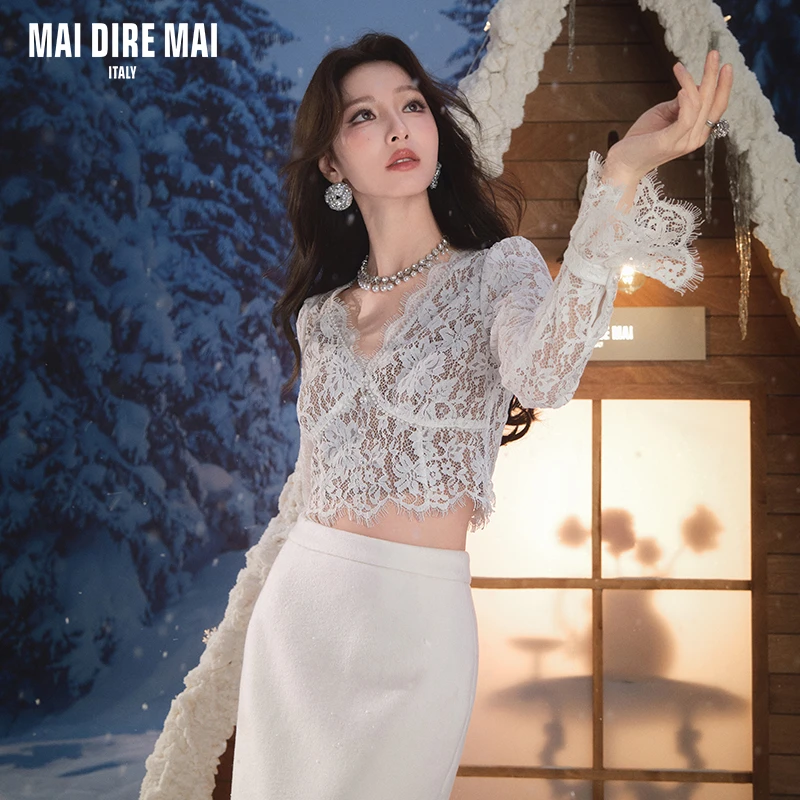 MaiDireMai花边蕾丝长袖珍珠上衣羊高腰长半裙女冬时尚套装显瘦