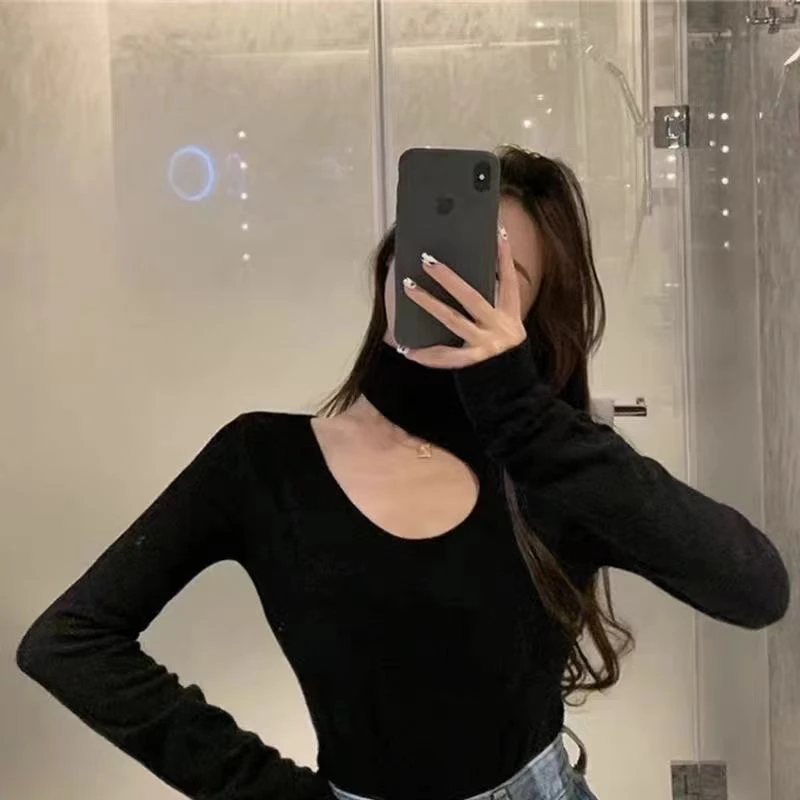 2024秋季新款纯欲镂空半高领长袖t恤女修身辣妹内搭打底衫上衣