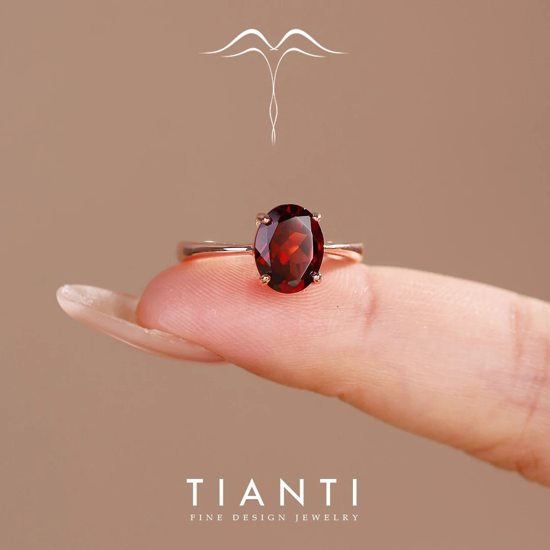 TIANTI/天缇琴瑟7*9mm 蛋形 天然鸽血红石榴石戒指S925银四爪经典