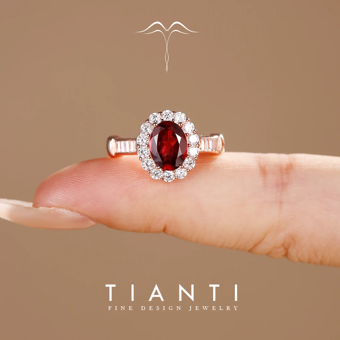 TIANTI/天缇超级茉莉 6X8 天然石榴石戒指S925银玫瑰金轻奢高品质