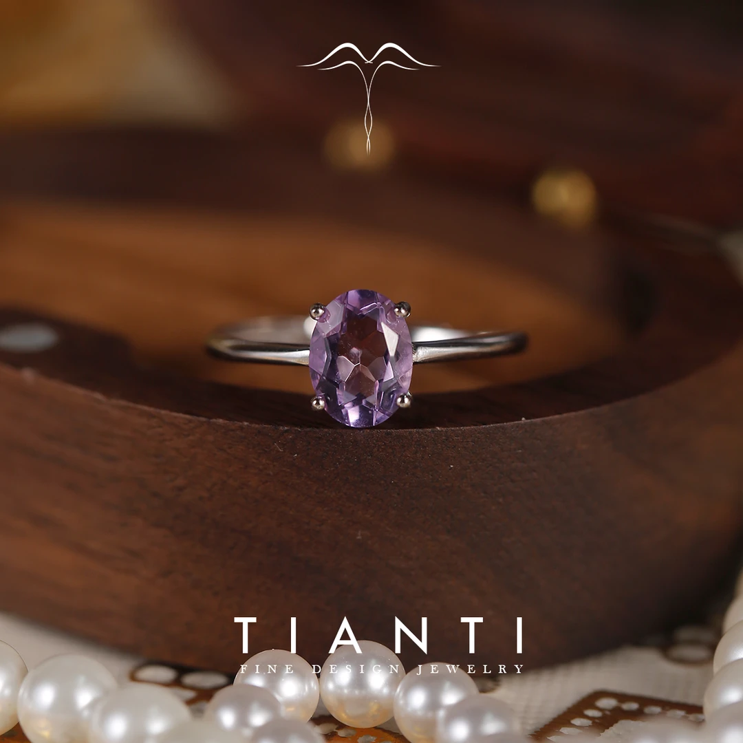 TIANTI/天缇琴瑟 6X8MM 天然紫水晶戒指S925银镀铂金活口可调节