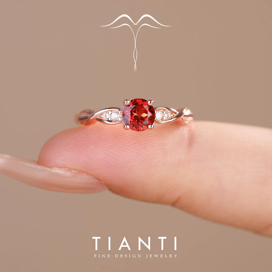 TIANTI/天缇藤蔓  5MM  天然石榴石戒指S925银高品质女士戒指轻奢