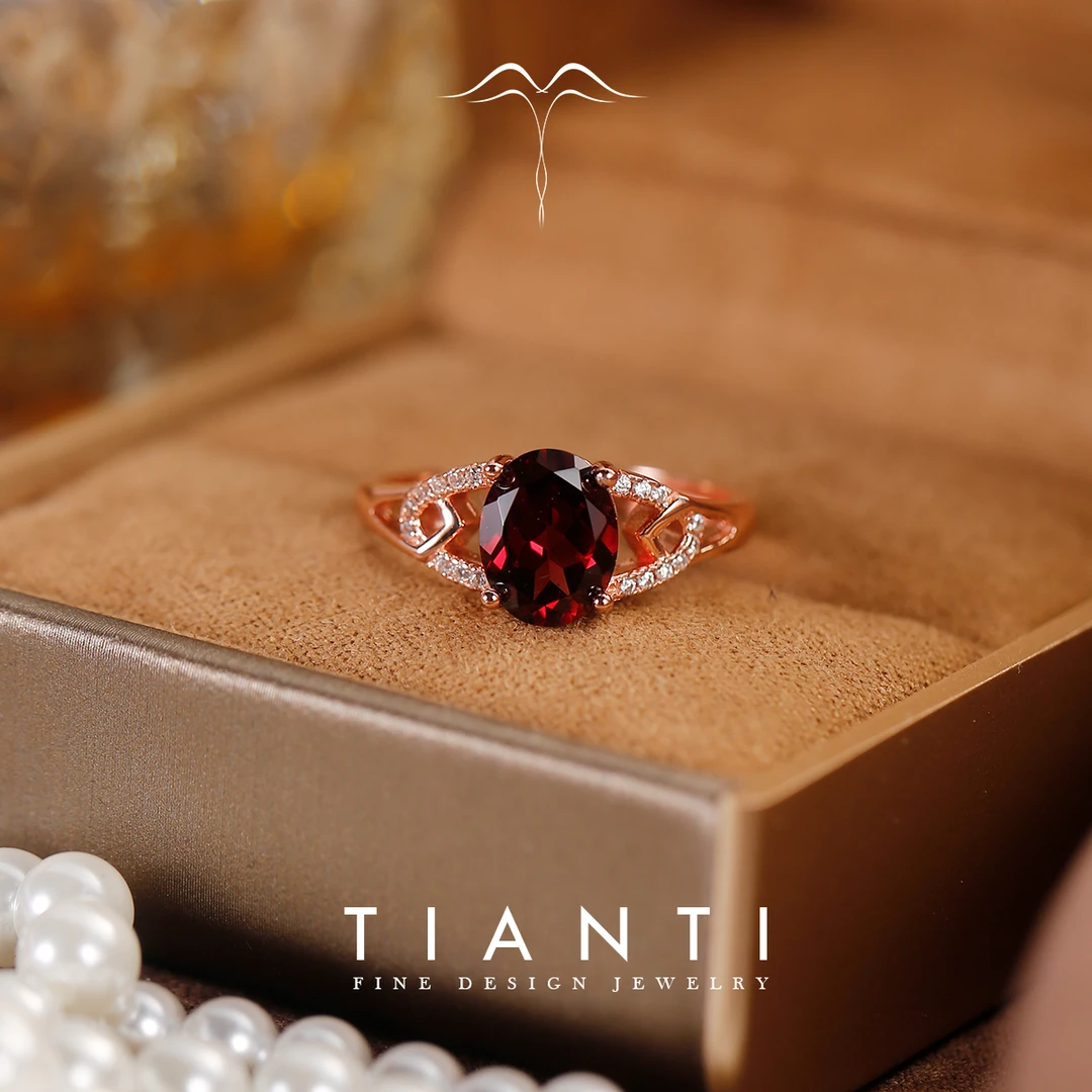 TIANTI/天缇月澜 7X9 天然石榴石戒指S925银活口可调节大小女士