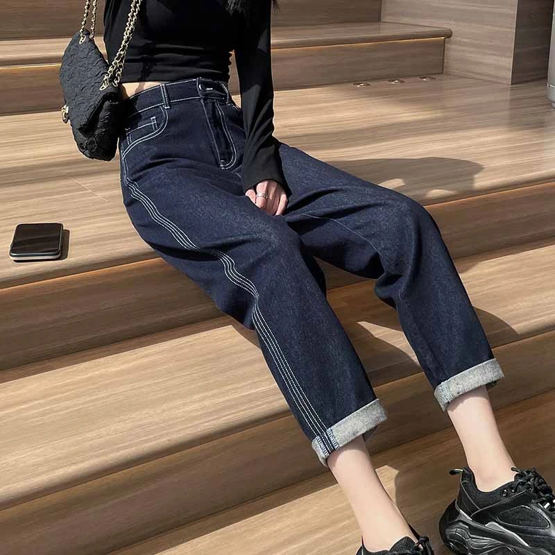 深蓝色牛仔裤女哈伦裤春秋新款高腰宽松显瘦侧边明线弹力老爹裤潮