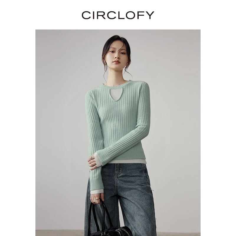 【宠粉】瑟夕 撞色假两件坑条羊毛针织衫女秋冬季新款毛衣打底衫