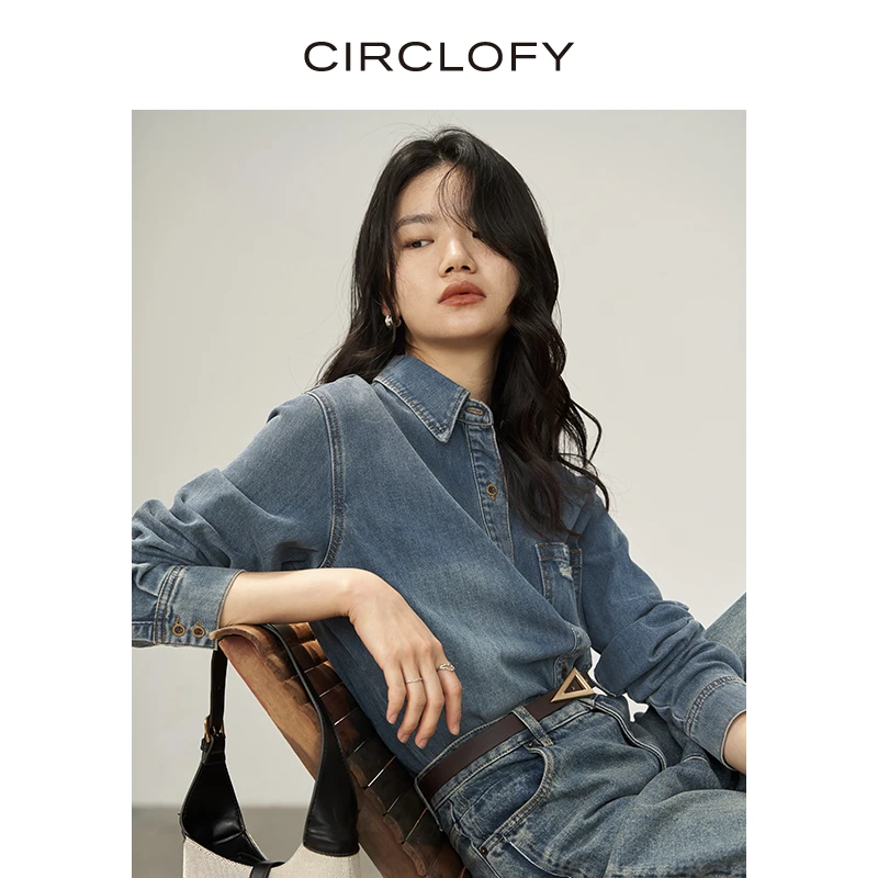 CIRCLOFY瑟夕 复古水洗做旧牛仔衬衫通勤百搭CWOC170643