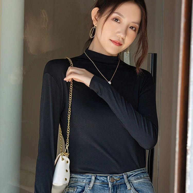 (莫代尔百搭显瘦打底衫)（拍一件发2件）半高领秋冬薄款长袖t恤上衣