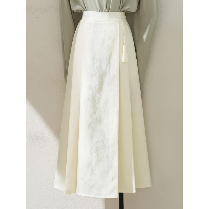 新中式复古设计感高腰半身裙女装2024春季新款中长款a字百褶裙子