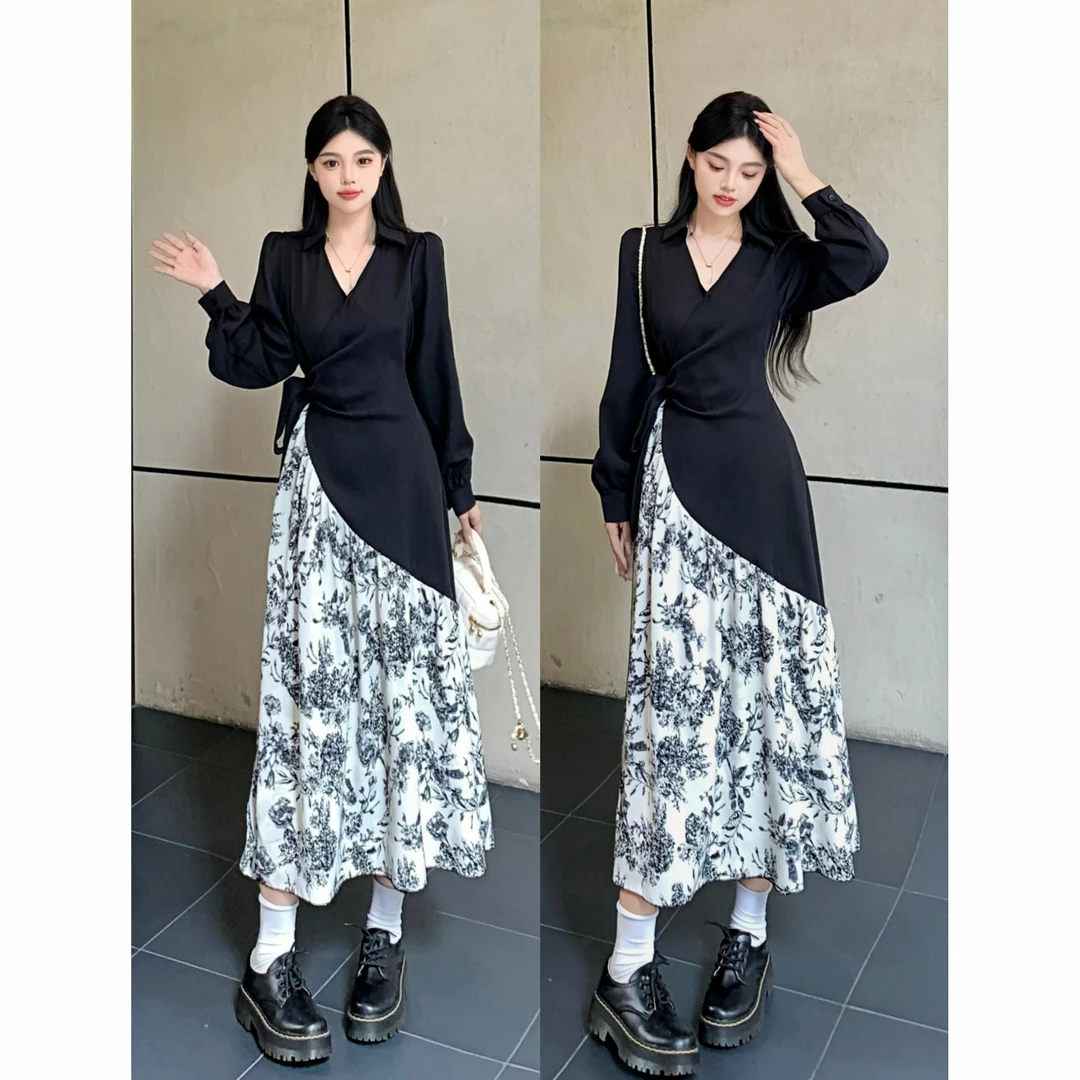 HIAUSF实拍  固色~  胖妹妹水墨花拼接长袖连衣裙显瘦设计感收腰