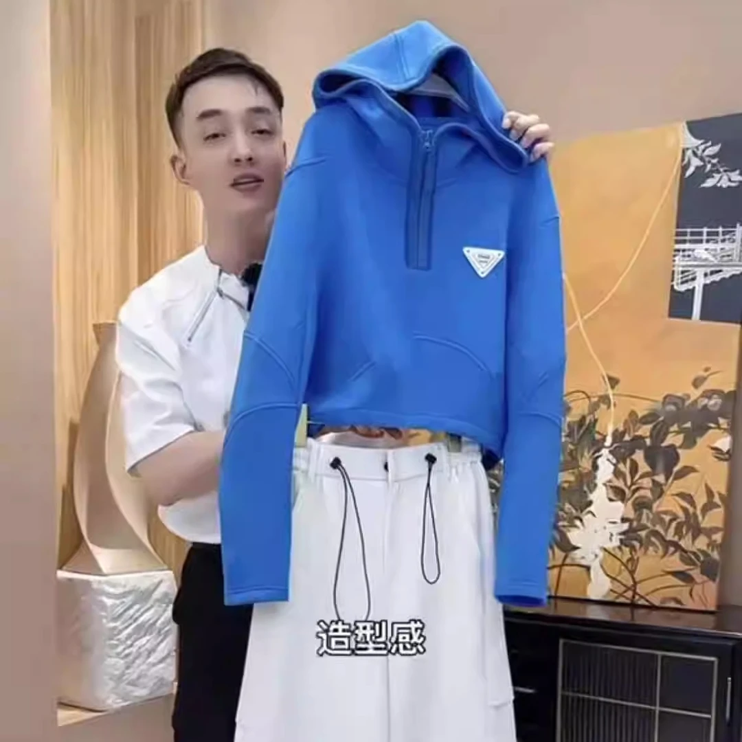 运动直筒裤套装高级感穿搭卡布里蓝弯刀袖时尚正版克莱因蓝衣服