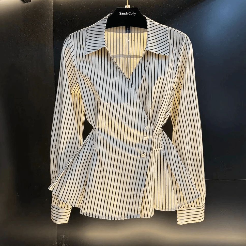 别致独特收腰显瘦衬衫女秋季新款时尚设计感撞色条纹长袖上衣女潮