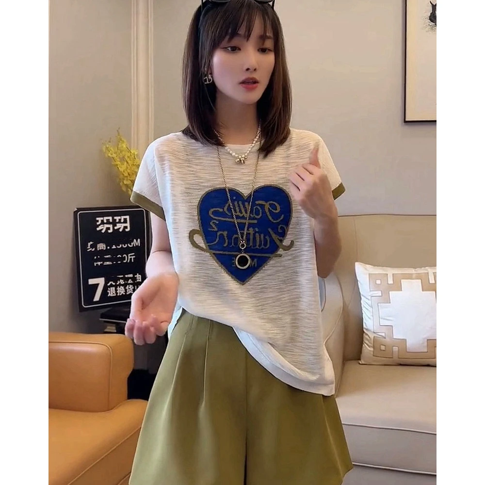 竹节棉短袖t恤女夏季薄款显瘦时尚半袖减龄爱心纯棉体恤上衣潮ins