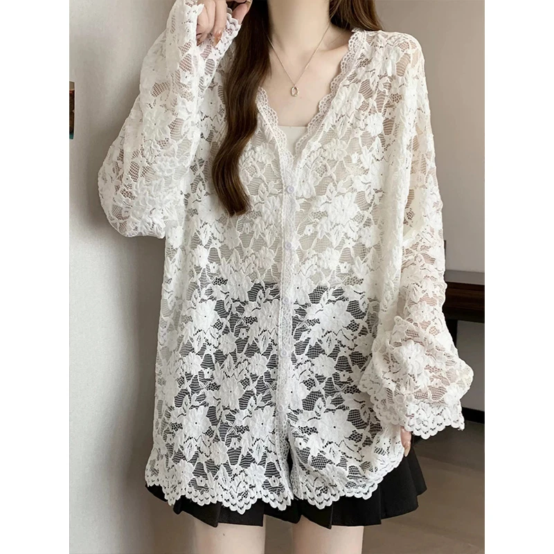 韩版简约百搭纯色V领开衫宽松蕾丝衫叠穿上衣女2025秋冬款打底衫
