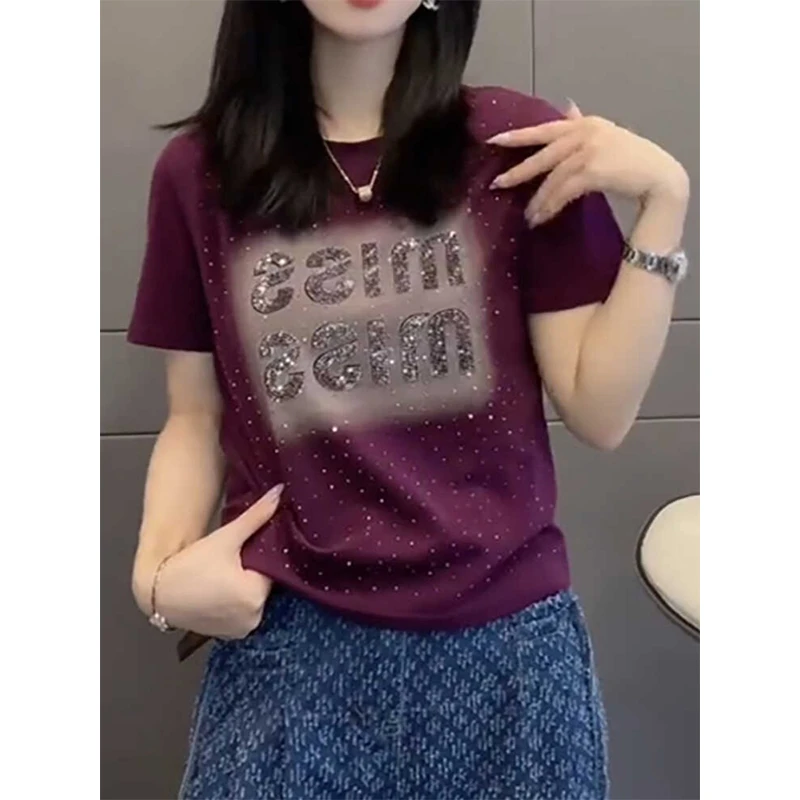 大码欧货烫钻正肩短袖T恤女2025新款夏季胖mm遮肚子显瘦半袖上衣