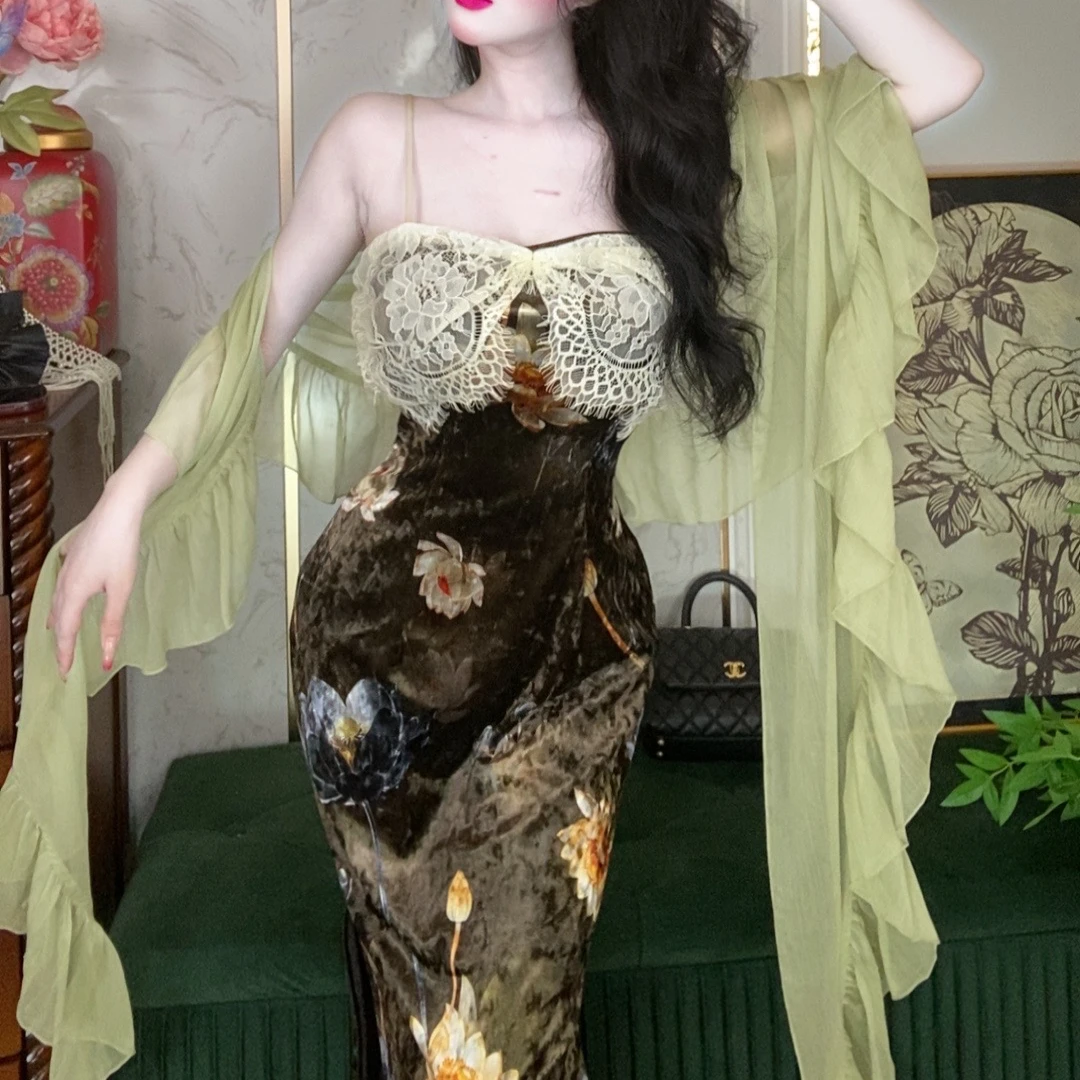 唯艳【金荷玉人】原创高级奢华丝绒复古纯欲性感新中式改良吊带旗袍