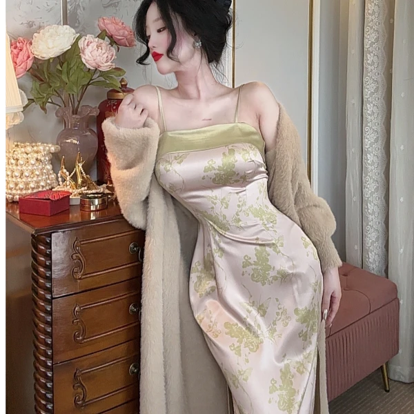 【百月昙华】高级奢华感婉陵缎复古纯欲性感包臀吊带旗袍