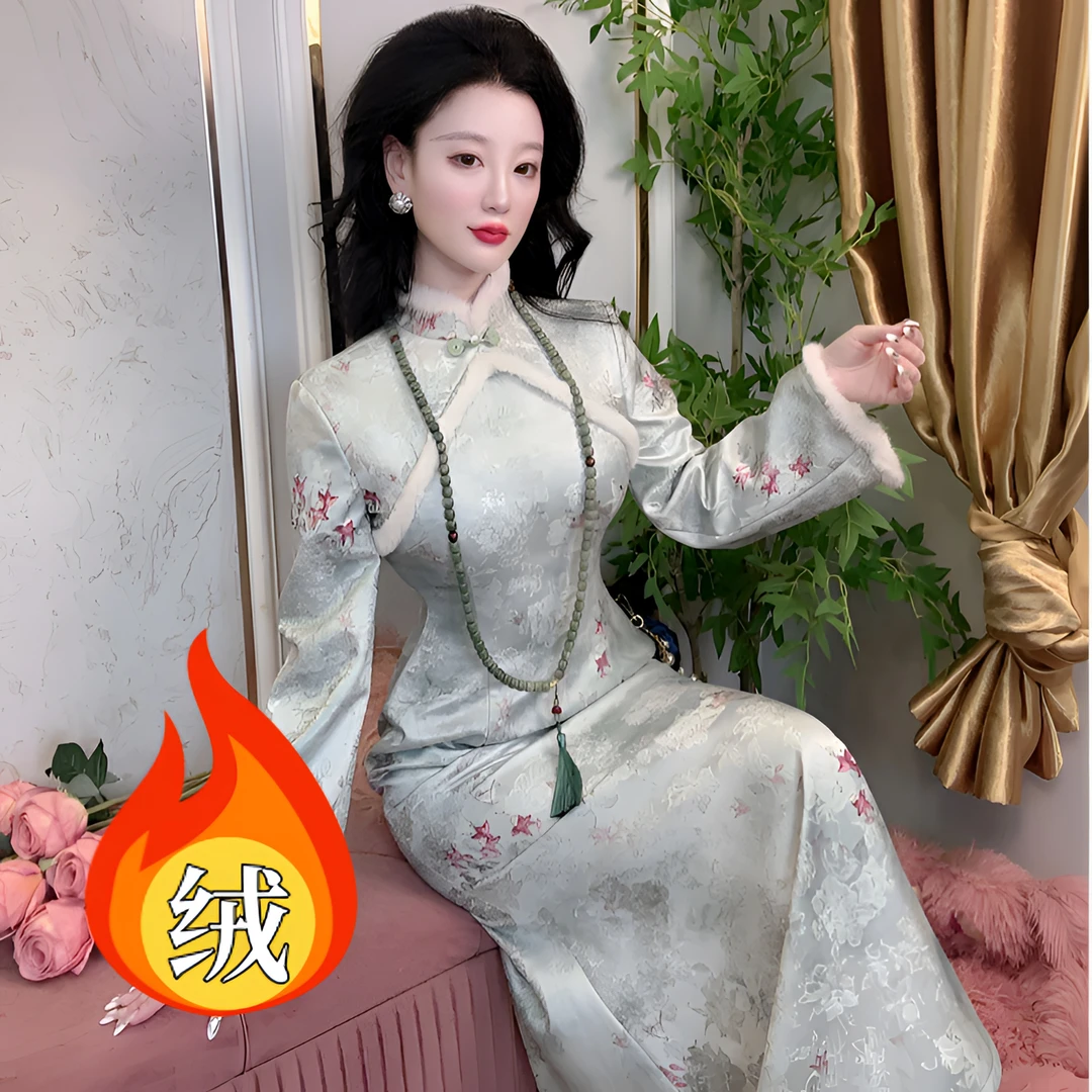 唯艳家【半山晴水】原创冬款加绒加厚气质显瘦连衣裙长袖鱼尾旗袍