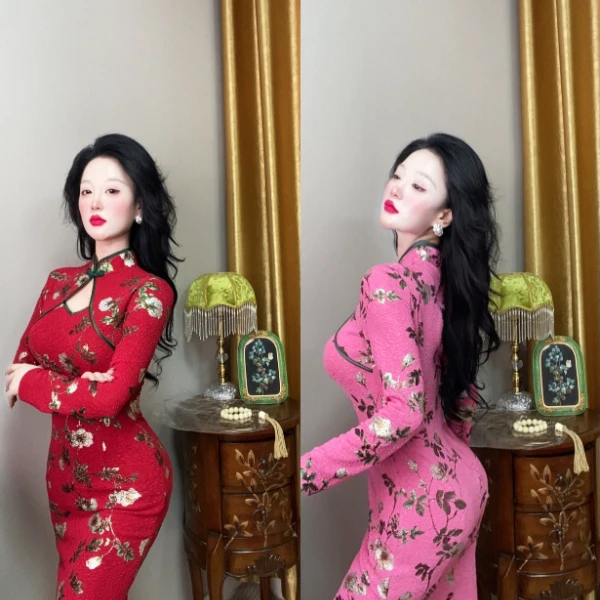 唯艳家【春水映梨花】奢华感复古浮雕烫金复合针织高弹力长袖旗袍