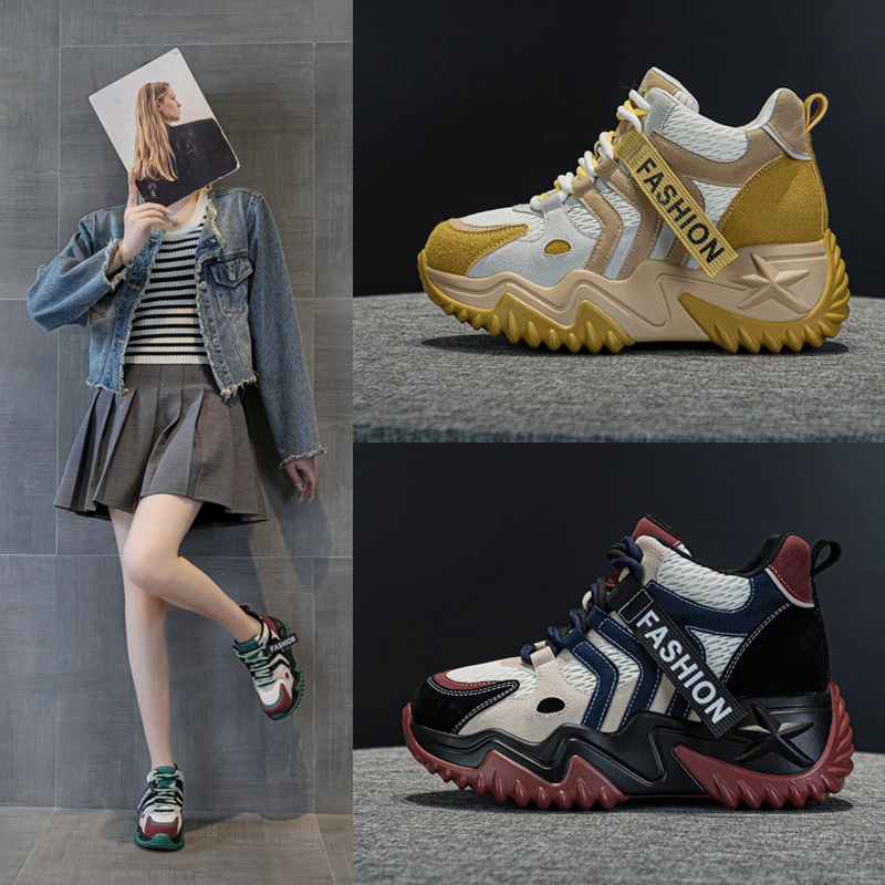 2023-99-2网红爆款真皮女鞋2024年春秋新款松糕厚底内增高运动休