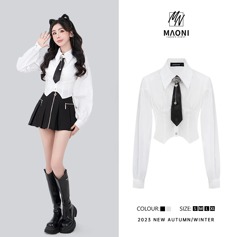 毛妮LADIESFIRST【甜酷显瘦】2023秋冬新品小个子衬衫（配领带）D8596