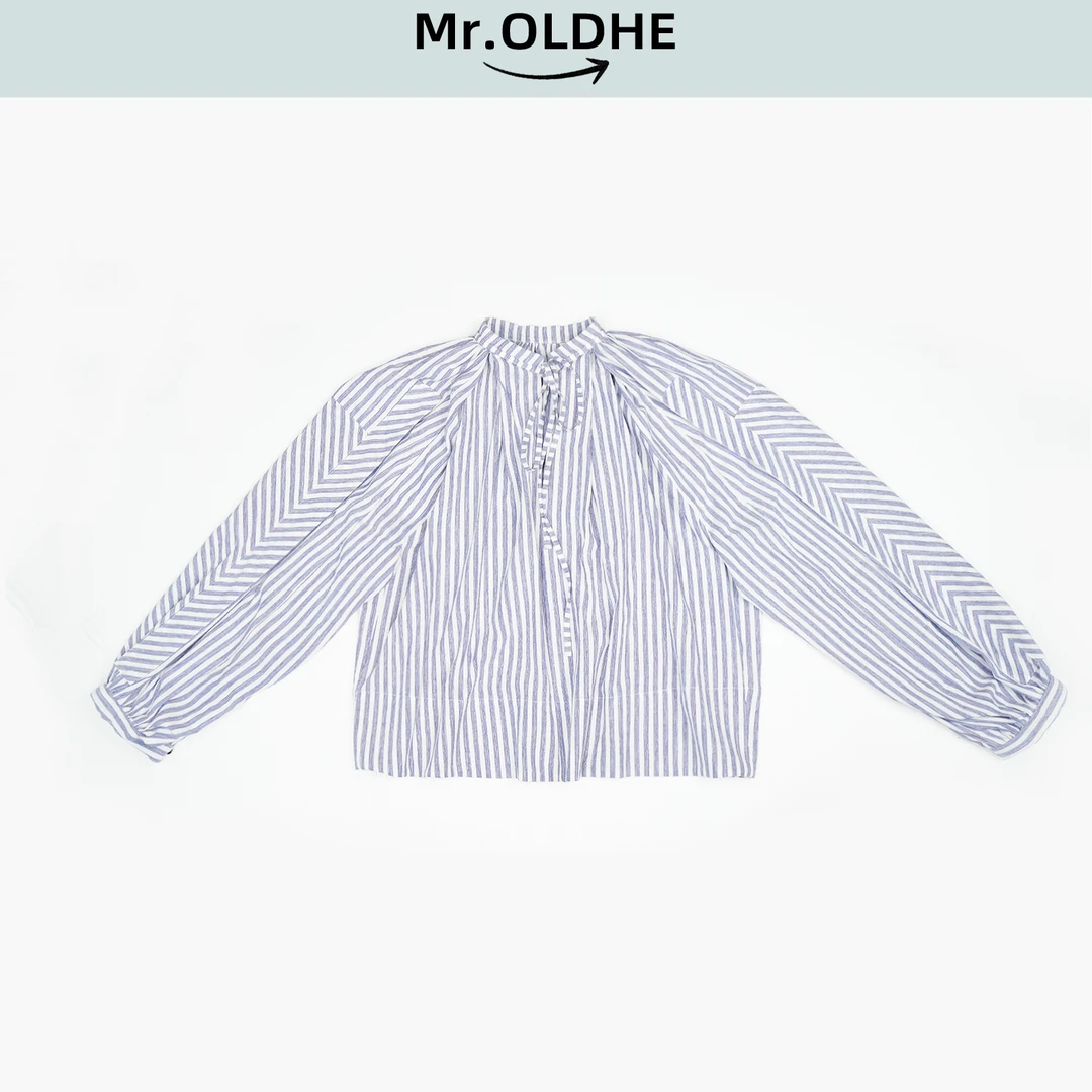 row-蓝白色织休闲条纹长袖套头泡泡袖衬衣