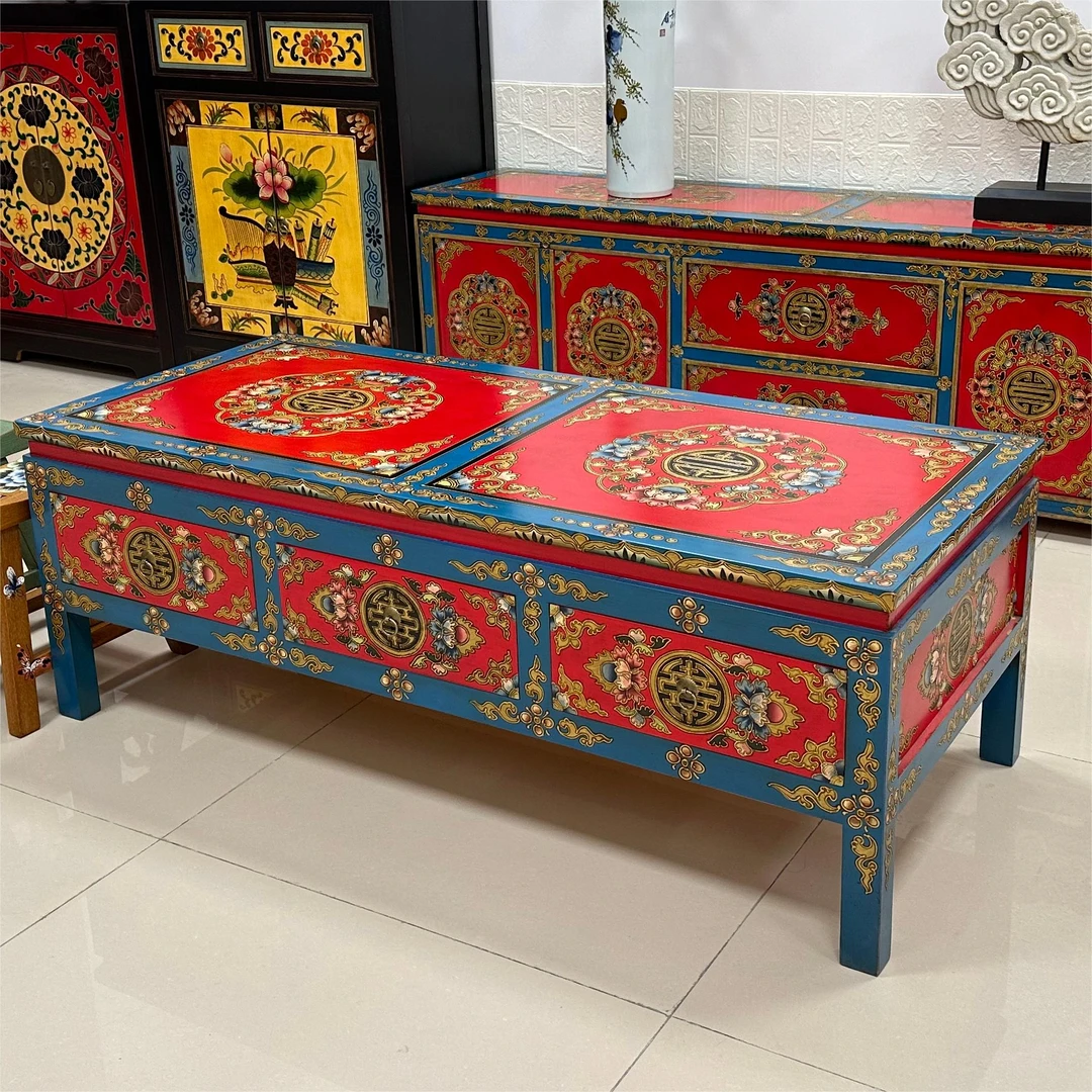 手绘藏式茶几彩绘茶桌民族风民俗复古家具木制做旧古典140X60X50