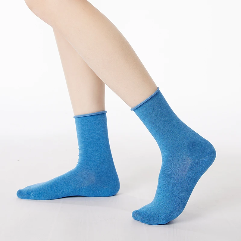 上森派系蓝色袜子女夏季薄款桑蚕丝卷边堆堆袜夏天中筒袜白