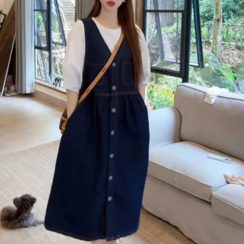 2024新款马甲裙单排扣牛仔背带裙宽松连衣裙