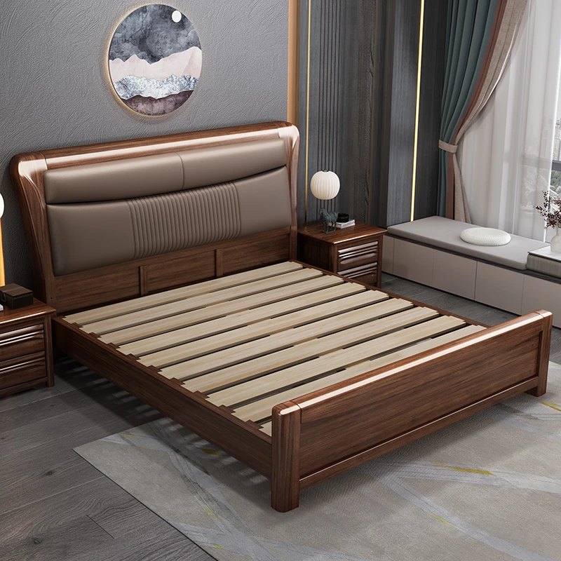 胡桃木实木床现代中式带软靠1.8米双人大床1.5m组合卧室新中式床