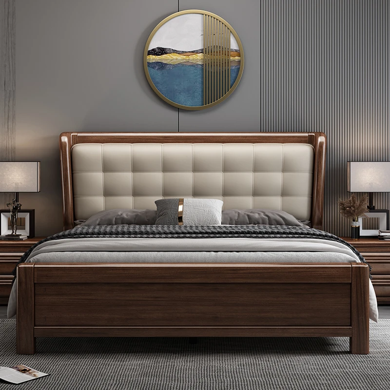 新中式实木床1.8米双人床带软靠1.5m主卧高箱储物实木床