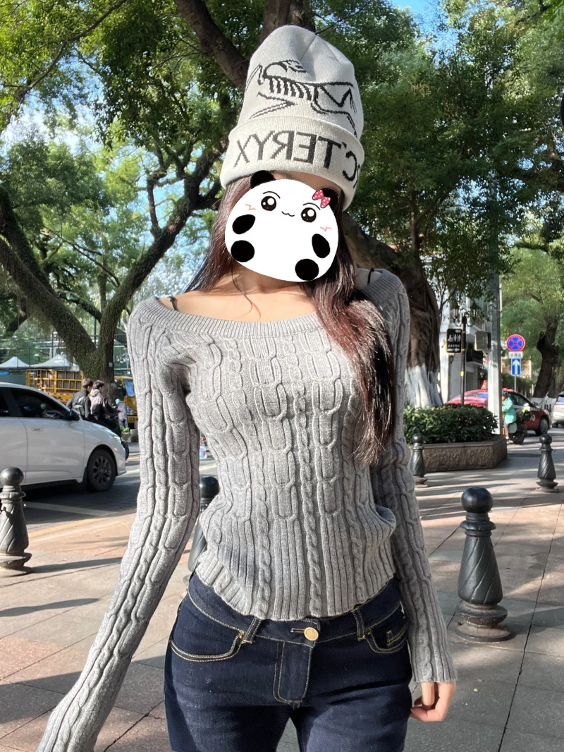 瑞秋同款麻花毛衣拉夫风复古针织衫一字领露肩