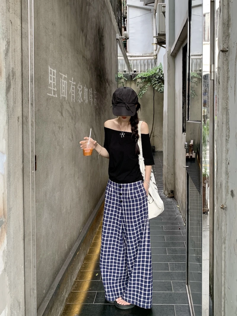 露思格子宽松休闲裤复古垂感拖地中低腰阔腿长裤露肩上衣套装春秋