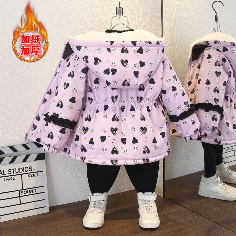 秋冬款加绒收腰风衣外套女童甜美花边拼接爱心蝴蝶结满印连帽棉服