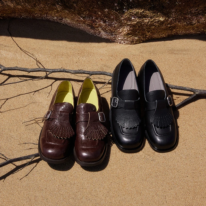 迷失麋鹿【人鱼尾乐福鞋】复古真皮粗跟乐福鞋女平底流苏小皮鞋