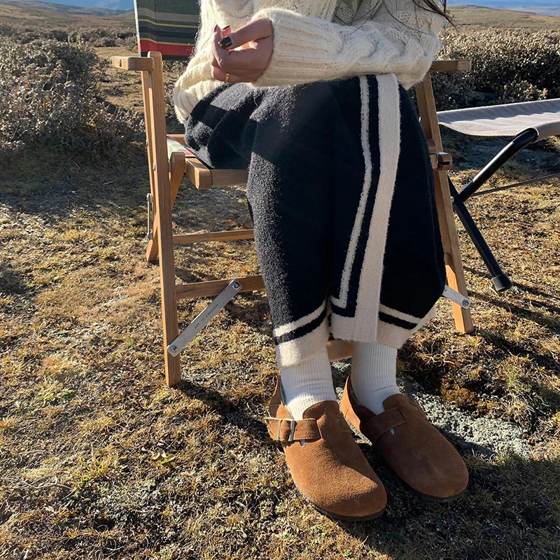 迷失麋鹿 一脚蹬勃肯鞋 复古真皮单鞋女秋季平底毛毛鞋休闲鞋子女