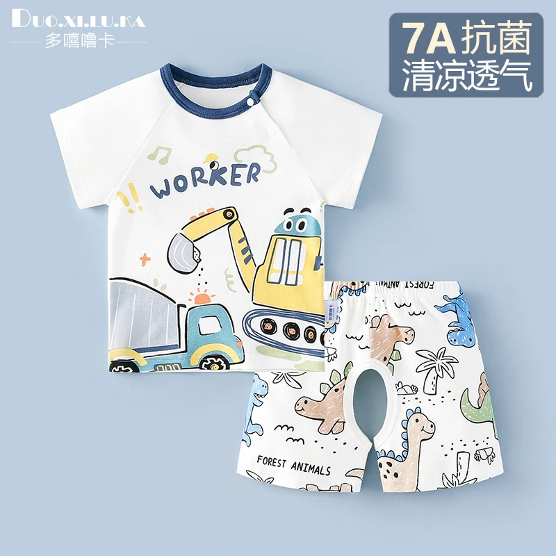夏季婴儿短袖开裆套装宝宝家居服纯棉睡衣新生儿薄款开裆短裤两件