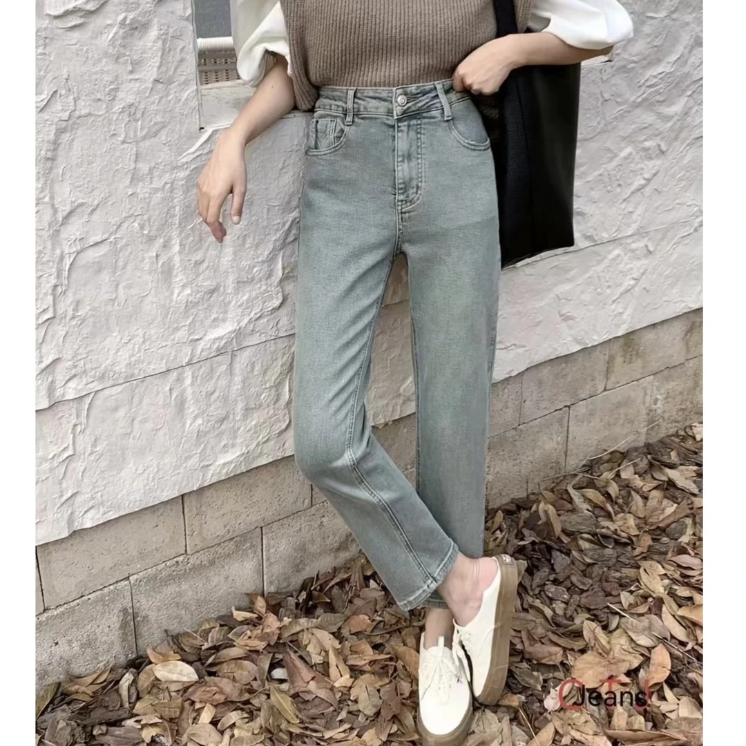 欧货复古色植绒烟管裤3572