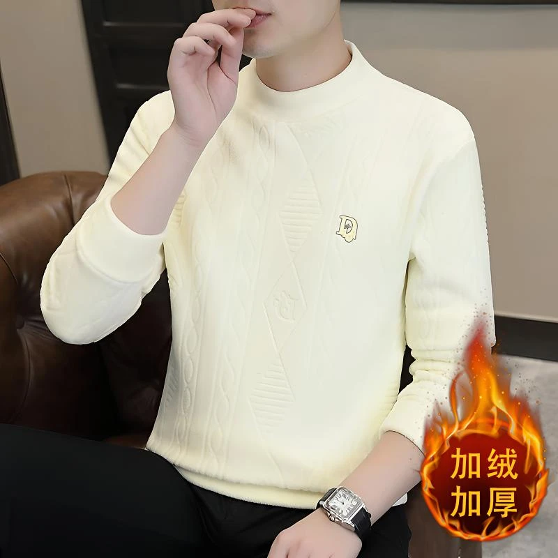 高档冬季新款男士双面绒卫衣时尚一体海岛绒加厚半高领保暖打底衫