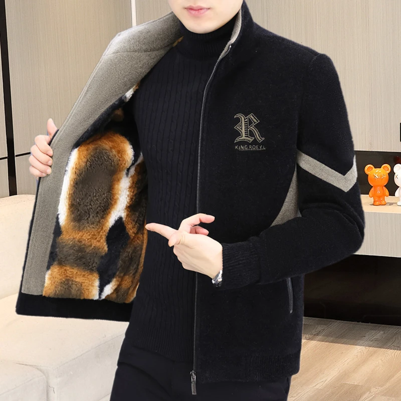 高档冬季新款男士立领毛呢夹克加绒加厚休闲潮流保暖短款外套男
