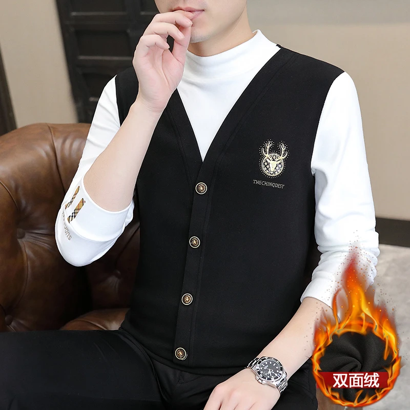 高档秋冬新款休闲时尚潮流假两件男士修身卫衣百搭打底衫潮男上衣
