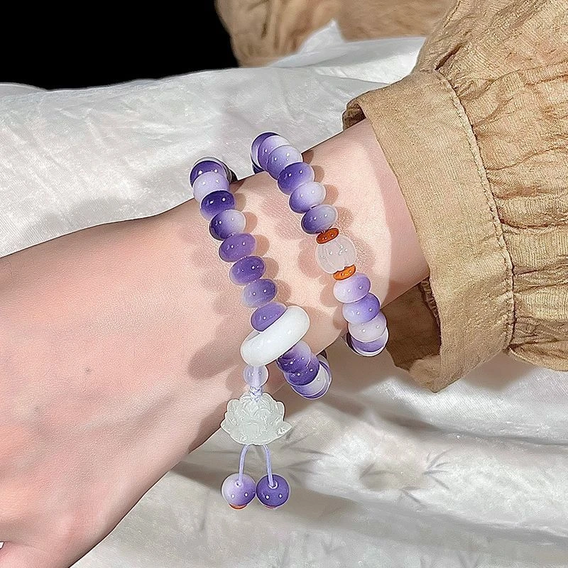 星川落子白玉菩提双圈算盘珠手串紫色系菩提根女手持冷门古风佛珠